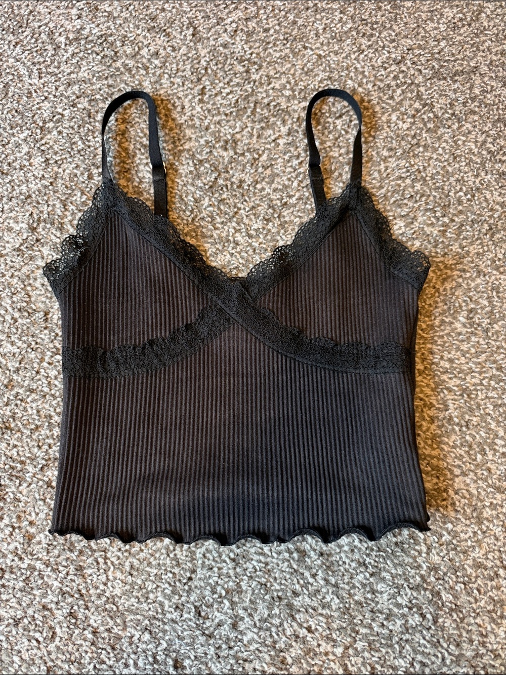 Divided Black Lace-Trim Ribbed Cami Top